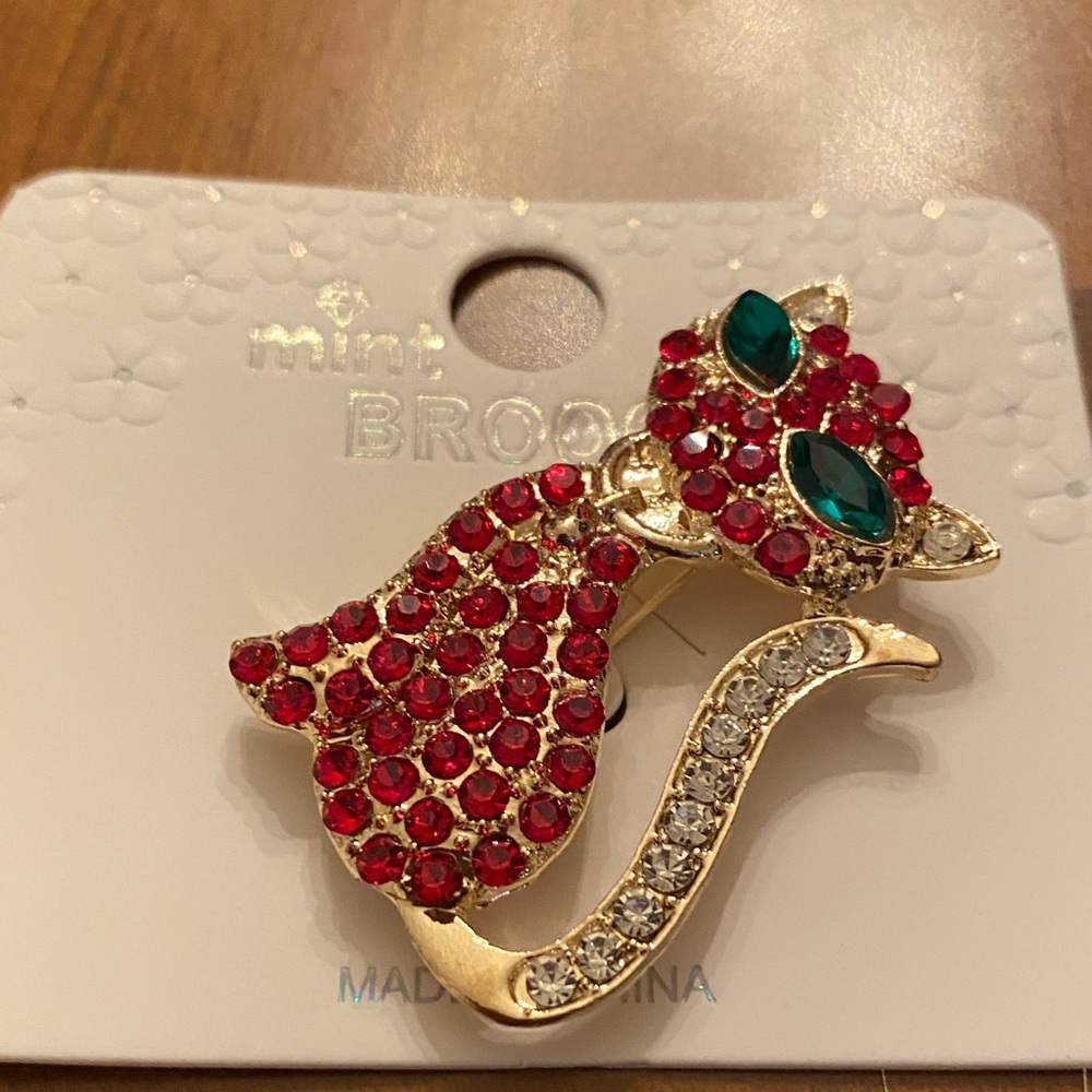 Mint Gold Cat Brooch with Red and Green Accents